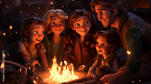 A heartwarming image of a family huddled around a bonfire, roasting marshmallows and sharing stories as they count down to the New Year 
