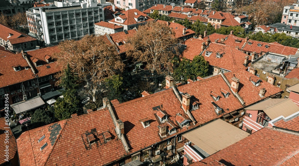 Aerial view of a vibrant urban landscape: century-old historical buildings in Wuhan