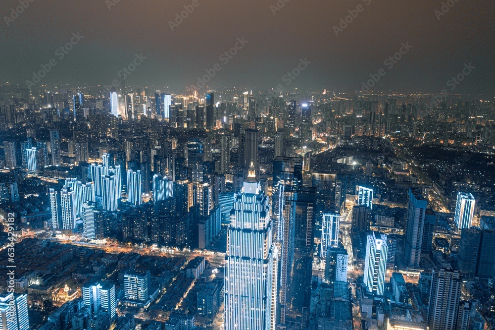 Obraz premium Aerial view of cityscape Wuhan surrounded by buildings