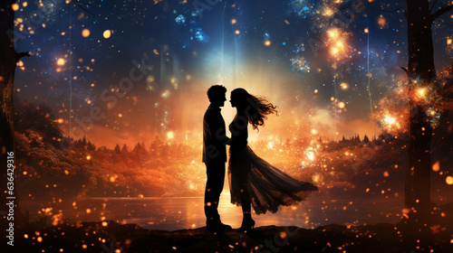 An image of a couple dancing beneath a sky filled with stars and fireworks, surrounded by the magic of New Year's celebrations 