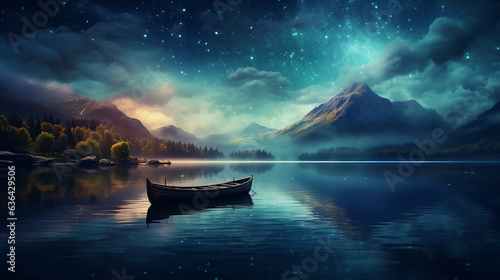 A serene image of a calm lake reflecting the starry night sky, with a solitary boat gliding across the water 