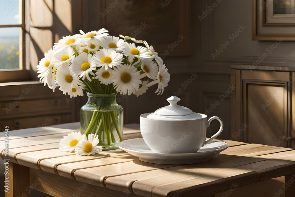 cup of tea and flowers generated AI