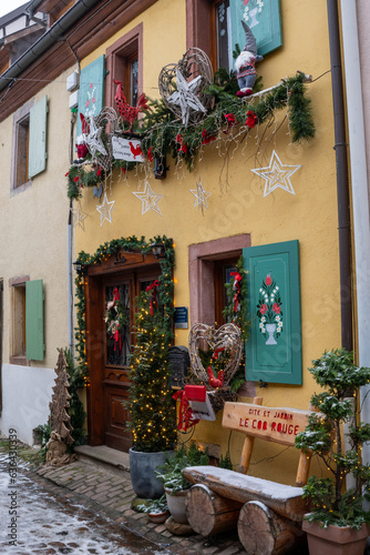 Christmas decorations in Eguisheim village⁩, Alsace, France
