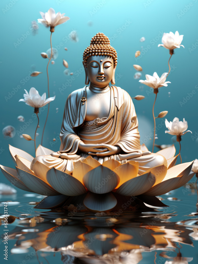 Buddha statue transcendental spiritual meditation with aura, banner yellow light.