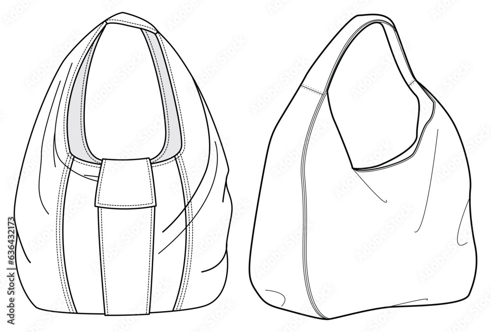 Hobo bag flat sketch fashion illustration drawing template mock up, Shoulder bag cad drawing. Carry bag flat sketch vector - obrazy, fototapety, plakaty 