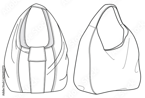 Hobo bag flat sketch fashion illustration drawing template mock up, Shoulder bag cad drawing. Carry bag flat sketch vector