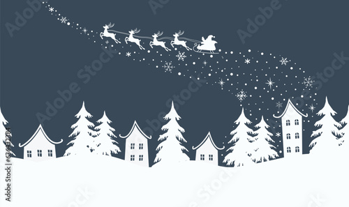 Christmas background. Winter village. Seamless border. Fairy tale winter landscape. Santa Claus is riding across the sky on deer with plume. White houses, fir trees on dark blue background. Vector