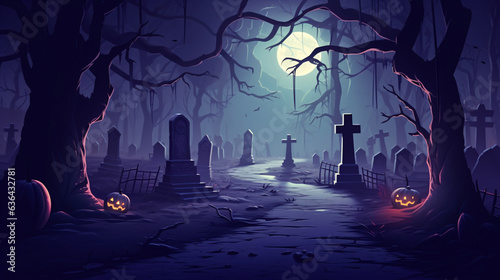 Glowing pathway through a foggy graveyard adorned with spooky tombstones. Halloween flyers and posters backdrop.