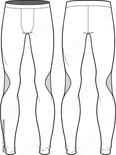 Sports running tights leggings Pants design flat sketch vector illustration drawing.  Compression pants with front and back view for fitness, and active wear pants design.