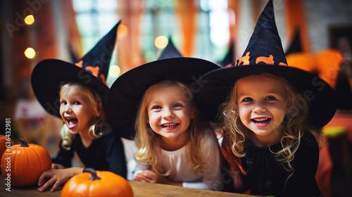 Witchy faces: happy kids at a Halloween pumpkin party. Generative AI.