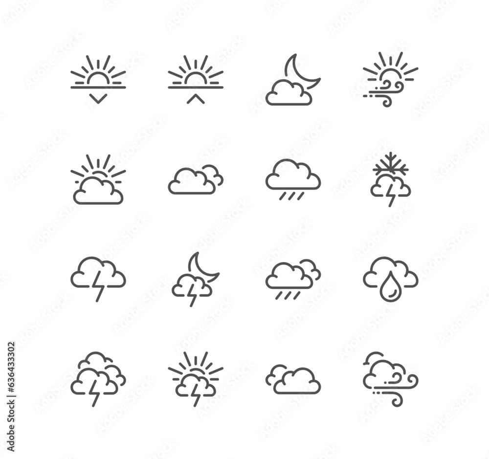 Set of weather related icons, wind, blizzard, sun, rain and linear variety vectors. Set of weather related icons, wind, blizzard, sun, rain and linear variety vectors.