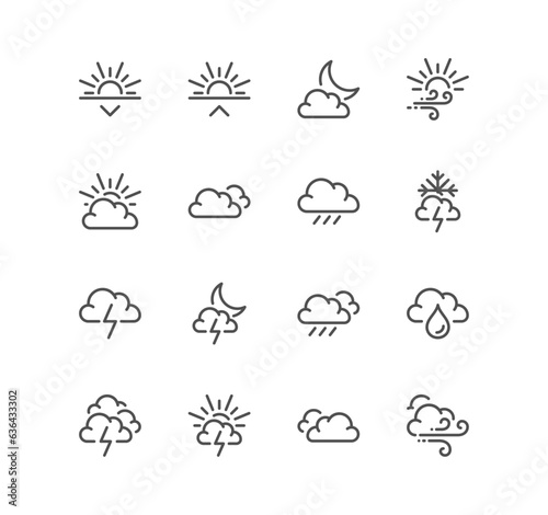 Set of weather related icons, wind, blizzard, sun, rain and linear variety vectors.