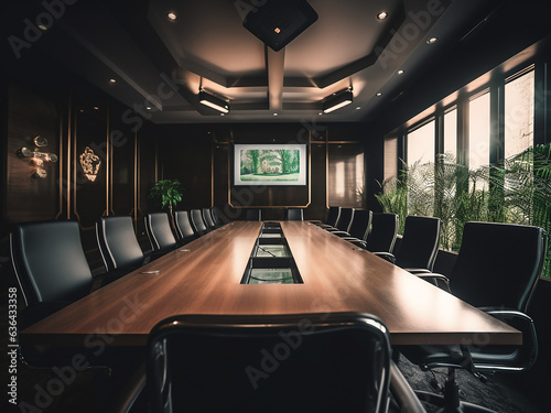 Black conference room adorned with sleek pieces. AI Generated. © Llama-World-studio
