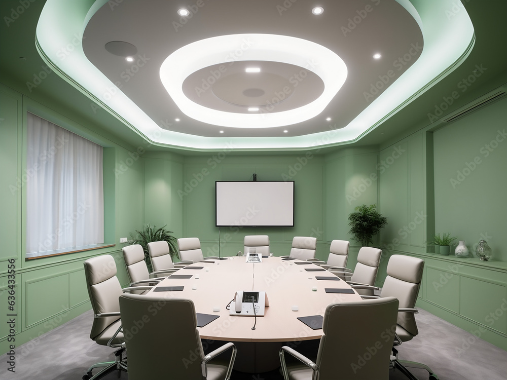 Fresh green conference room, well-furnished. AI Generated. Fresh green conference room, well-furnished. AI Generated.