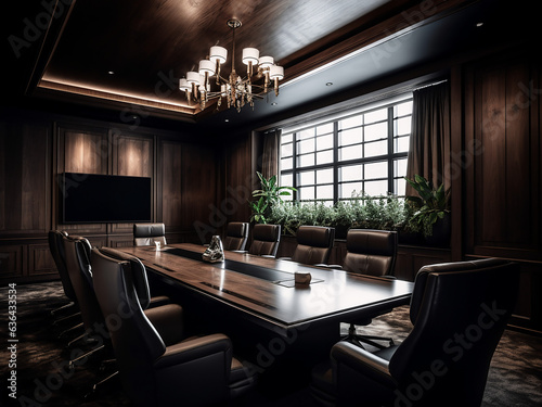 Dark wood conference room with a sophisticated design. AI Generated.