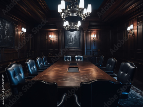 Inviting dark wood conference room, well-furnished. AI Generated.