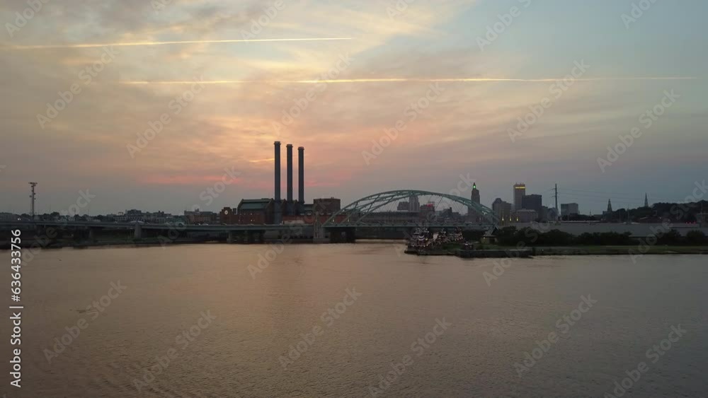 Aerial Forward Shot Of Vehicles Moving On Bridge Over River In City Against Sky During Sunset - Boston, Massachusetts Aerial Forward Shot Of Vehicles Moving On Bridge Over River In City Against Sky During Sunset - Boston, Massachusetts
