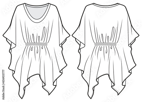 Women kaftan  blouse top design  flat sketch fashion illustration with front and back view, Short kaftan top technical drawing vector template photo