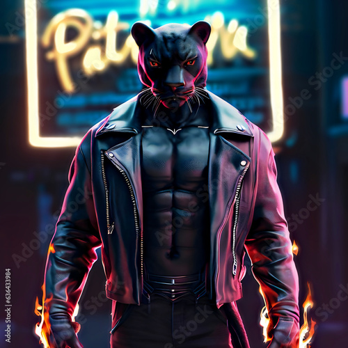 A angry six pack flaming body panther in a leather jacket stands in the  street in front of a neon sign 'black panther' photo