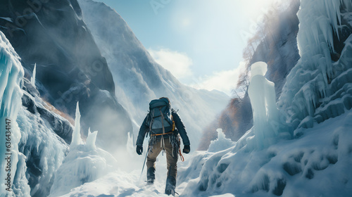 a lone mountaineer scaling a frozen waterfall, with jagged ice formations and snow-covered rocks as the background
