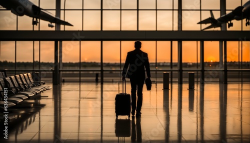 Silhouette of male passenger waiting for flight at airport during sunset