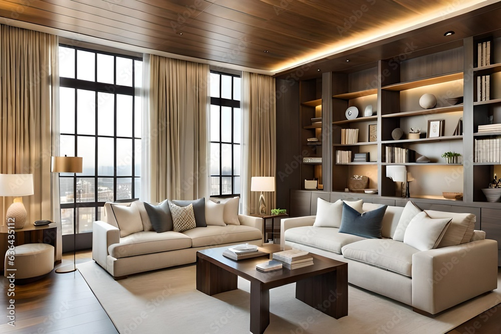 Fototapeta premium a living room with white walls and hardwood flooring, including a large green plant in the center of the room