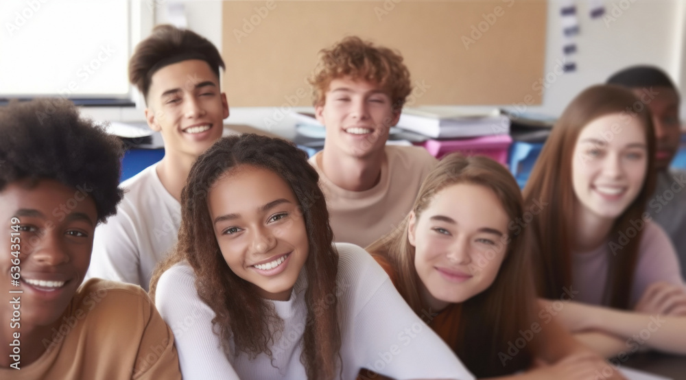 Obraz premium Multiracial teenage students enjoying an interesting and participative class in the high school classroom.