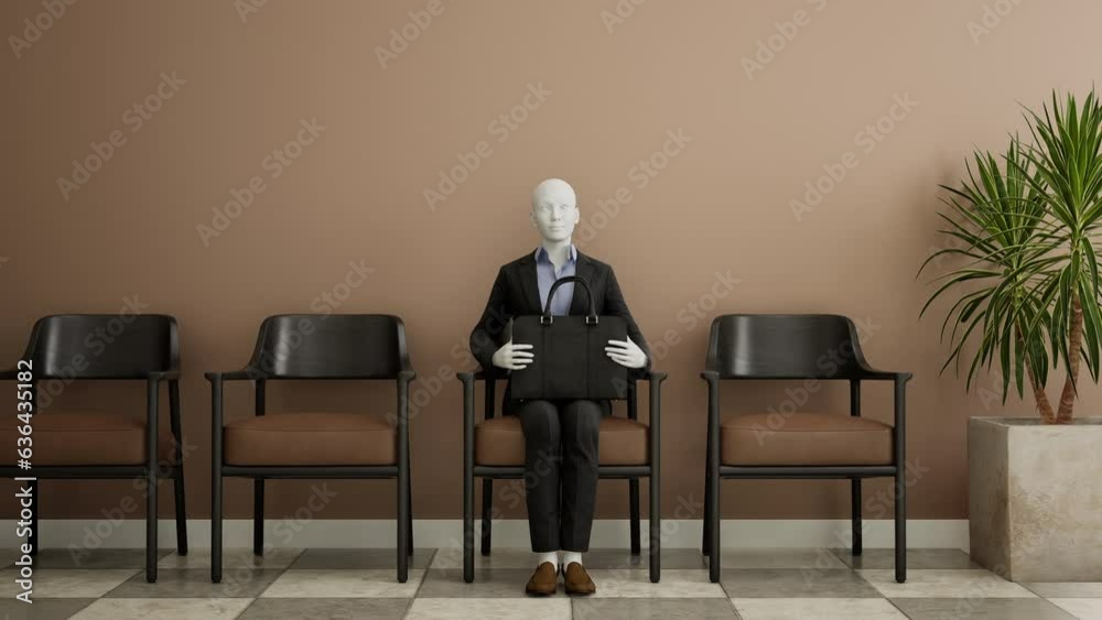 Futuristic female android robot sitting on a chair and waiting for a job interview, AI and innovation concept. 3d animation, speed motion Futuristic female android robot sitting on a chair and waiting for a job interview, AI and innovation concept. 3d animation, speed motion