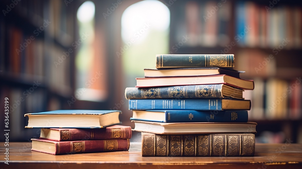 A stack of books on a table. University library in the background. Stack of books close up view. A stack of books on a table. University library in the background. Stack of books close up view.