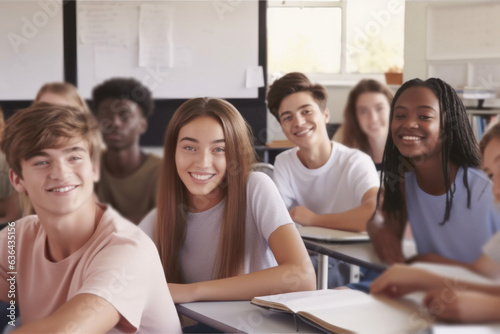 Multiracial teenage students in a classroom within an inclusive and enjoyable learning environment where diversity is valued.