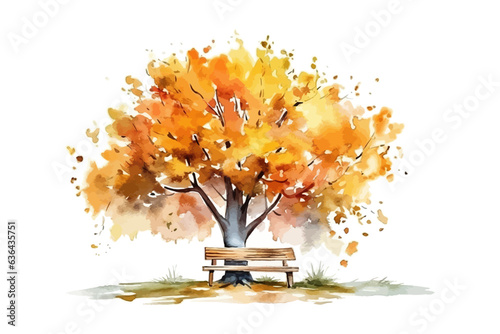 Autumn tree with bench watercolor. Vector illustration design.