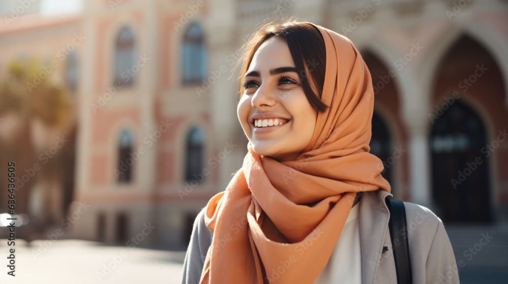 Obraz premium Cheerful Arab Female Student With Smartphone Standing Outdoors. Education concept.