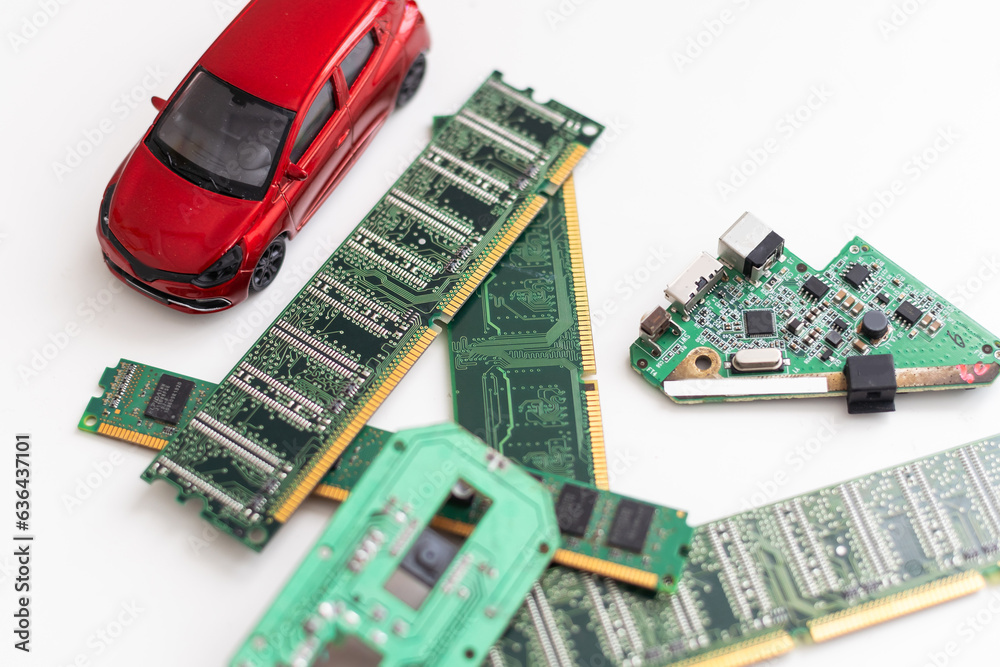 Chips in automotive industry. Electronic circuit boards with microchips. Smart car micro chip