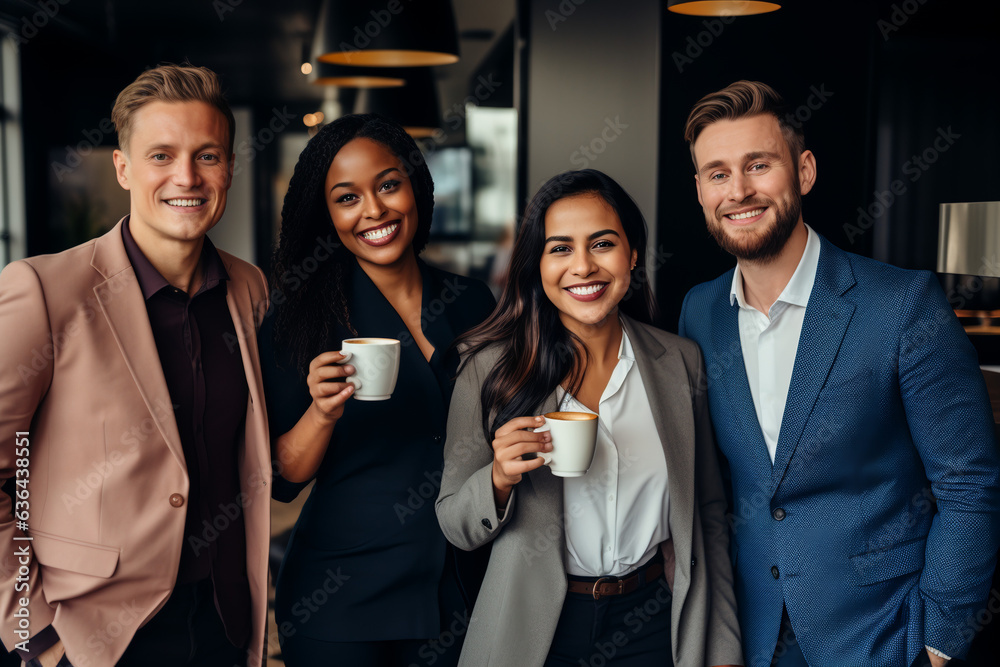 Happy business people taking a coffee break at work Happy business people taking a coffee break at work