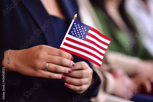 Female immigrant holding a small US flag the day of her naturalization  photo