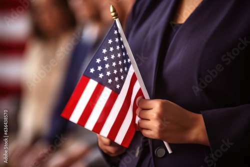 Female immigrant holding a small US flag the day of her naturalization  photo