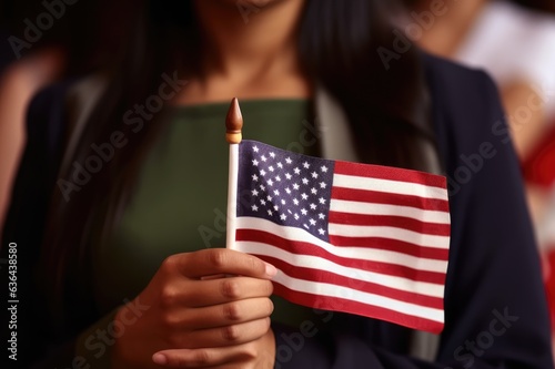 Female immigrant holding a small US flag the day of her naturalization ceremony photo