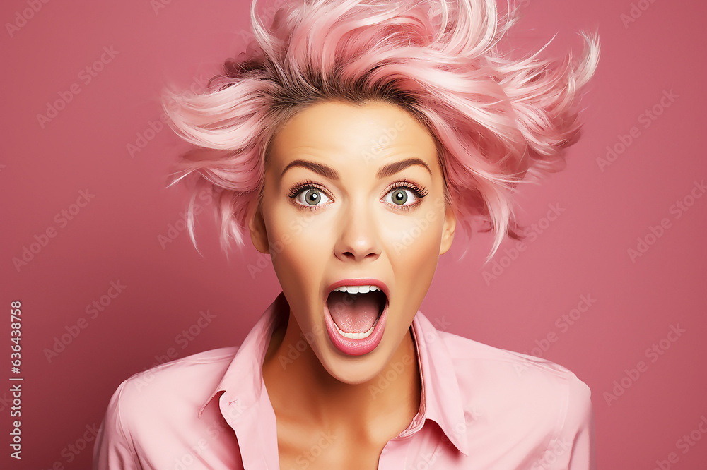attractive cheerful amazed funny woman isolated over pink background 
