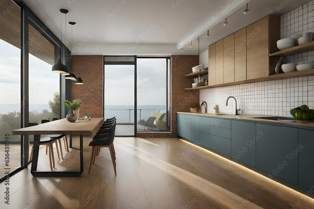 Dark and modern kitchen with skin furniture, wooden details and ceiling lamps Dark and modern kitchen with skin furniture, wooden details and ceiling lamps
