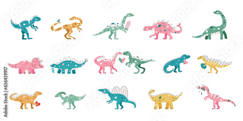 Flat hand drawn vector illustrations of dinosaurs
