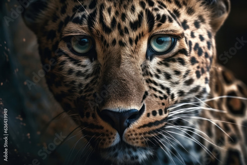 A portrait of a beautiful leopard with captivating blue eyes, a symbol of the majesty and strength of the animal kingdom. AI Generative