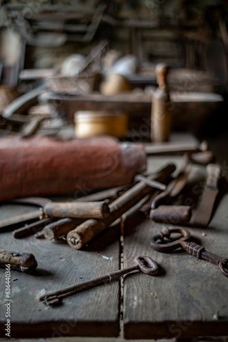 Vertical closeup of old rusty industrial tools on a wooden table in a workshop