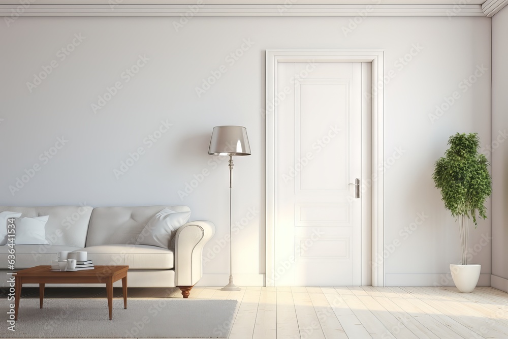 White minimalist living room interior with sofa on a wooden floor, decor on a large wall, white landscape in window. Home Nordic interior | Scandinavian interior poster mock up White minimalist living room interior with sofa on a wooden floor, decor on a large wall, white landscape in window. Home Nordic interior | Scandinavian interior poster mock up