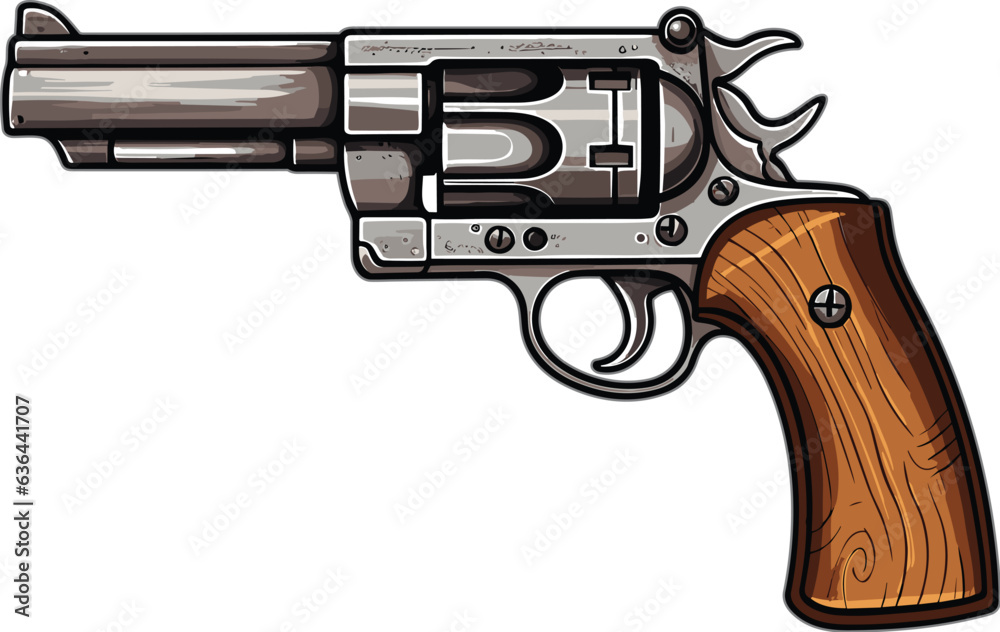 Vector illustration of an antique revolver with a wooden handle and a metal trigger.