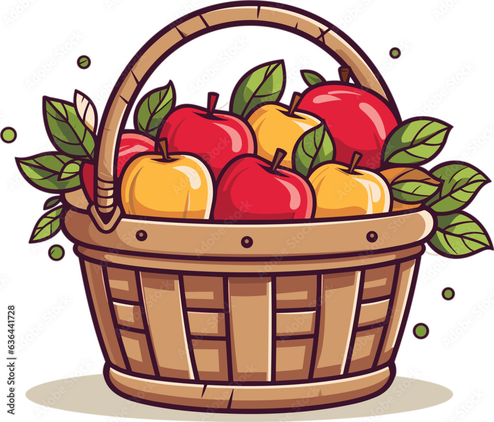 Vector illustration of a wicker basket filled with freshly-picked apples on a white background. Vector illustration of a wicker basket filled with freshly-picked apples on a white background.