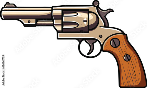 Vector illustration of an antique revolver with a wooden handle and a metal trigger.