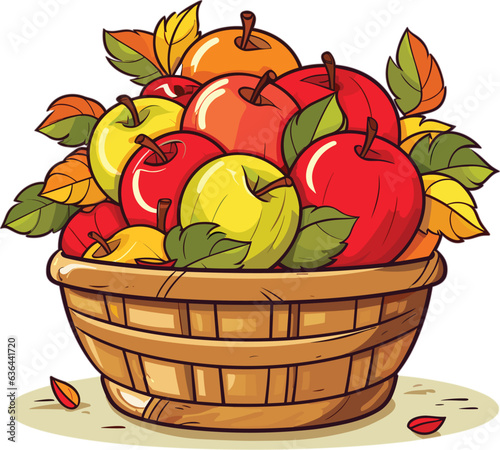 Vector illustration of a wicker basket filled with freshly-picked apples on a white background.