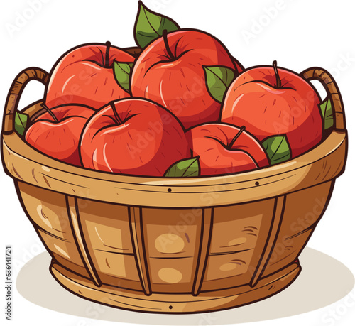 Vector illustration of a wicker basket filled with freshly-picked apples on a white background.