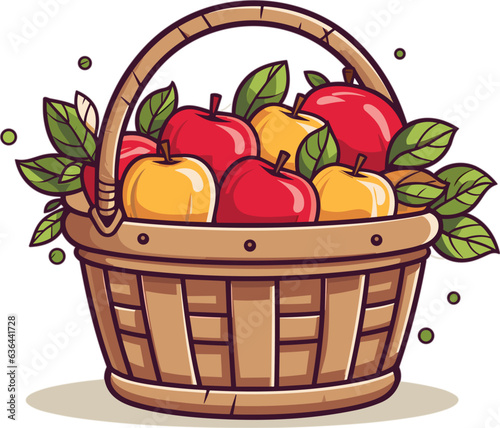 Vector illustration of a wicker basket filled with freshly-picked apples on a white background.