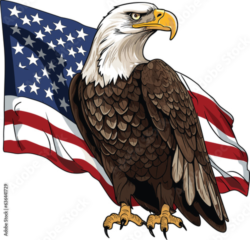 Vector illustration of a majestic bald eagle standing proudly against a waving American flag.